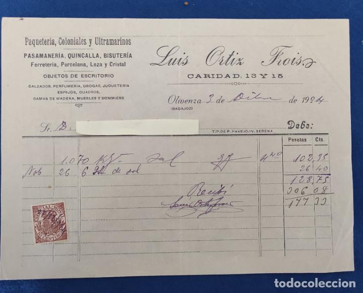Commercial Letters: Carta comercial Paqueter&iacute;a Coloniales L. Ortiz Frois . Olivenza . A&ntilde;o 1924