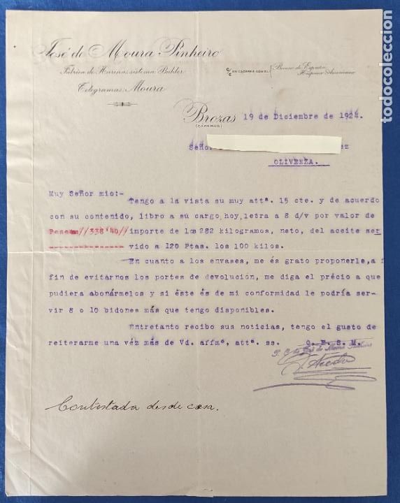 Commercial Letters: 2 Cartas comerciales J. de Moura Pinheiro : F&aacute;brica de Harinas . Brozas ( C&aacute;ceres )A&ntilde;o 1924