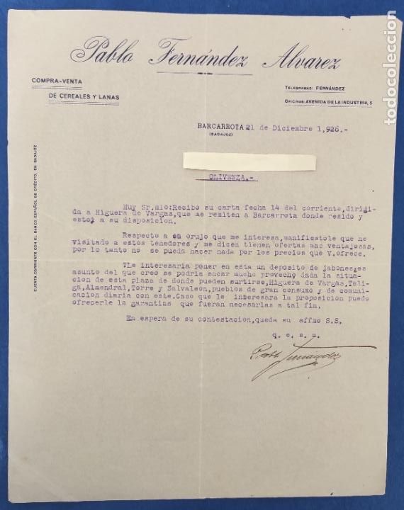 Commercial Letters: Carta comercial Pablo Fern&aacute;ndez &Aacute;lvarez : Cereales y Lanas. Barcarrota ( Badajoz ) . A&ntilde;o 1926