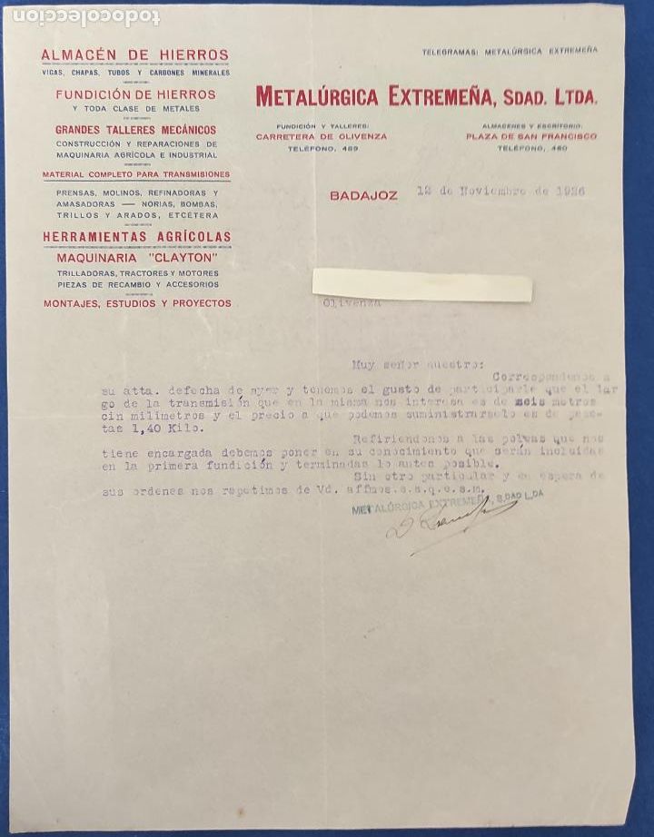 Commercial Letters: 4 Cartas comerciales Metal&uacute;rgica Extreme&ntilde;a . Badajoz . A&ntilde;o 1926 . Una con rotura