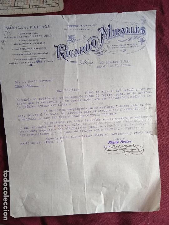 Lettres commerciales: Alcoy. Fieltros Ricardo Miralles 1939