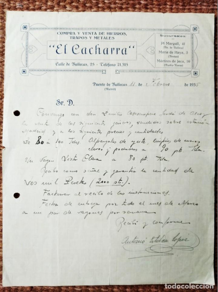 Lettres commerciales: PUENTE DE VALLECAS 1935 - CARTA COMERCIAL EL CACHARRA