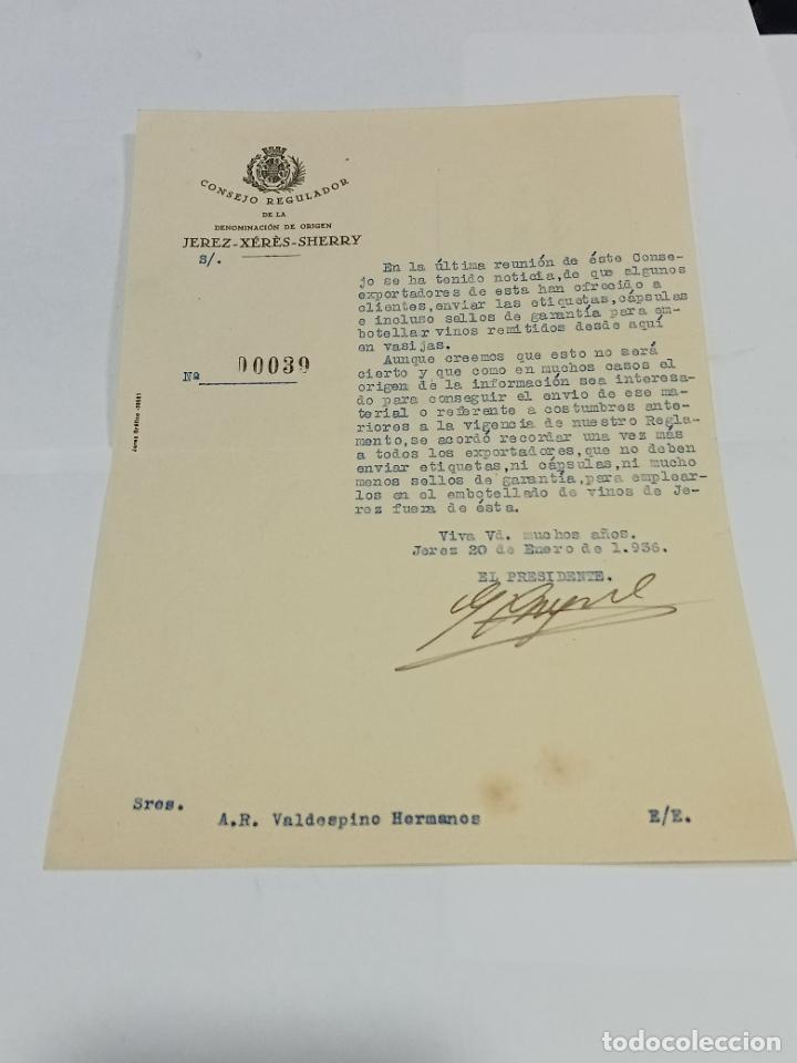 Lettres commerciales: CARTA. CONSEJO REGULADOR DENOMINACI&Oacute;N ORIGEN JEREZ. 1936. NO ENVIAR PRODUCTOS FUERA DE ESTE CONSEJO