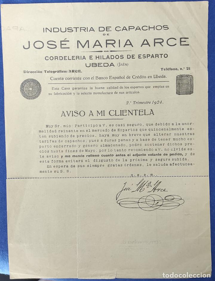 Lettres commerciales: Antigua Carta comercial J. Mar&iacute;a Arce : Capachos, Cordeler&iacute;a e Hilados . &Uacute;beda . A&ntilde;o 1924