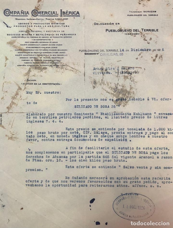 Commercial Letters: Antigua Carta comercial C&iacute;a Comercial Ib&eacute;rica. Pueblonuevo del Terrible ( C&oacute;rdoba ) . A&ntilde;o 1926