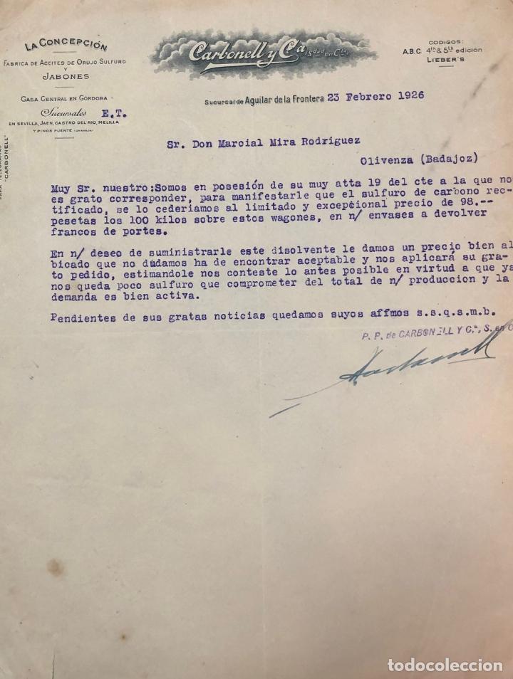 Commercial Letters: Antigua Carta comercial La Concepci&oacute;n : Aceites y Jabones . Aguilar de la Frontera. A&ntilde;o 1926