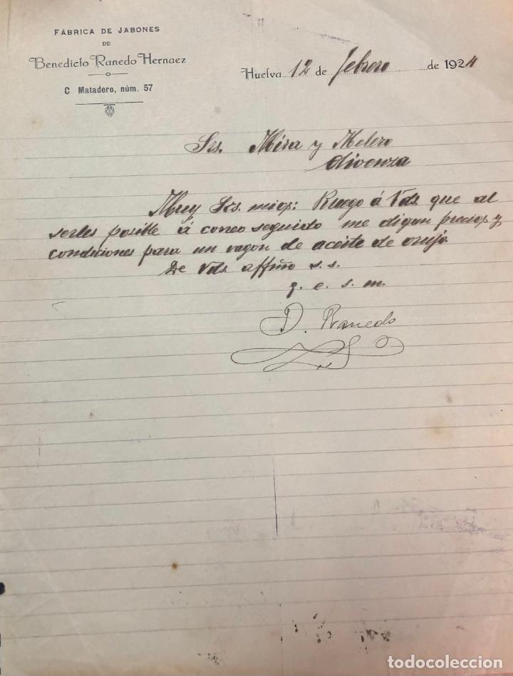 Commercial Letters: Antigua Carta comercial F&aacute;brica Jabones Benedicto Ranero Hern&aacute;ez . Huelva . A&ntilde;o 1924