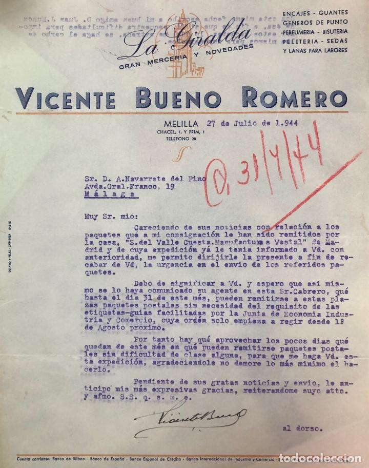 Commercial Letters: Antigua Carta comercial Mercer&iacute;a Vicente Bueno Romero. Melilla . A&ntilde;o 1944