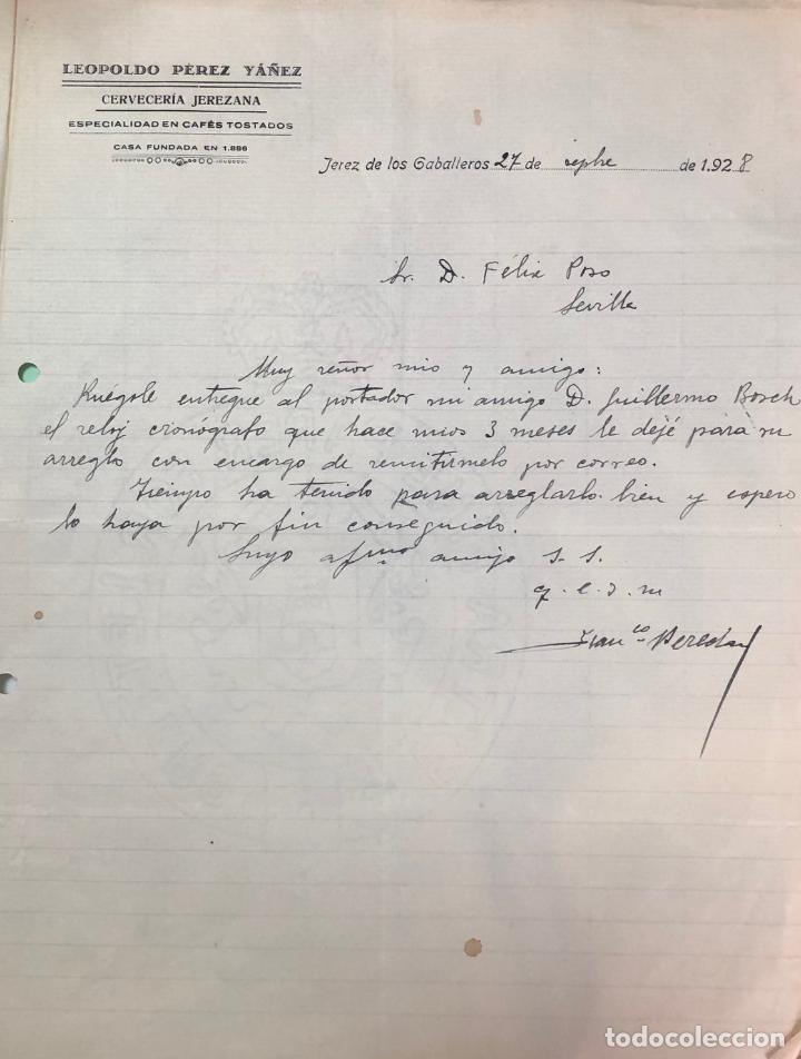 Commercial Letters: Antigua Carta comercial Cervecer&iacute;a Jerezana L. P&eacute;rez Y&aacute;&ntilde;ez. Jerez de los Caballeros . A&ntilde;o 1928
