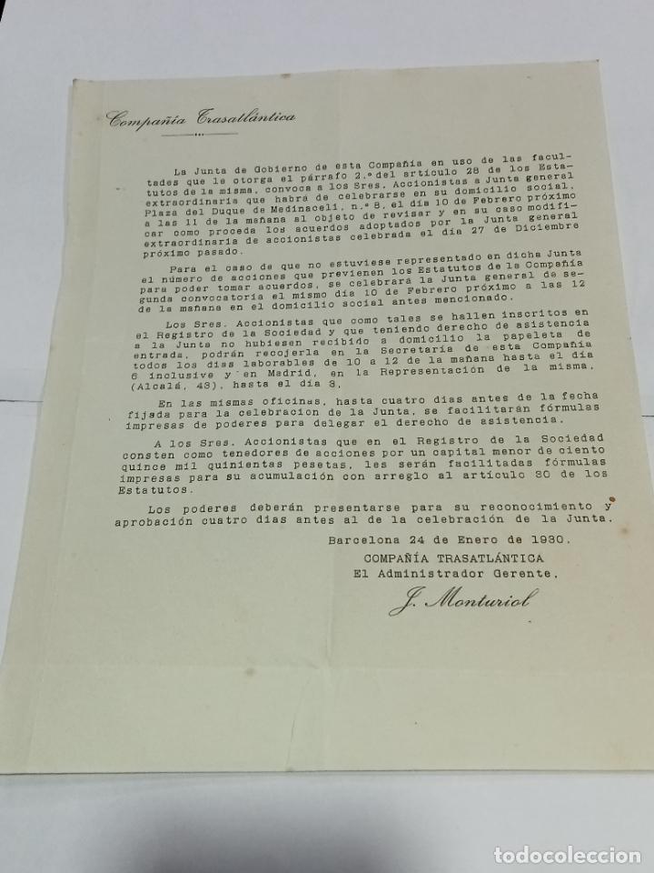 Lettres commerciales: CARTA COMERCIAL. COMPA&Ntilde;&Iacute;A TRASATL&Aacute;NTICA. 1930. J.MONTURIOL.