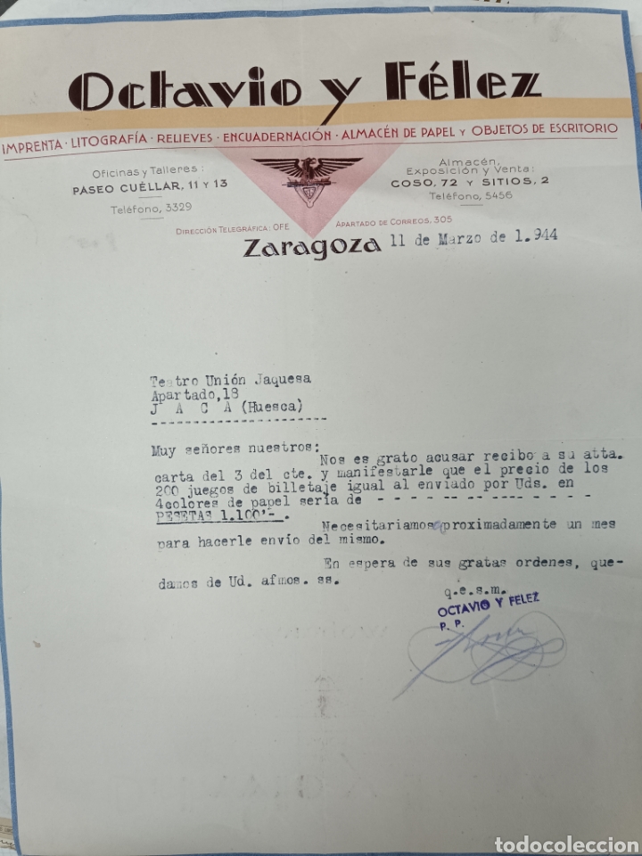 Lettres commerciales: Octavio y felez Zaragoza 1944 troquelada