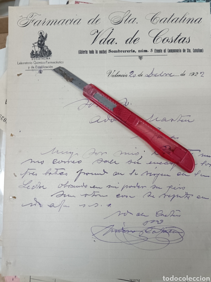 Lettres commerciales: Farmacia de Santa Catalina vida de costas Valencia 1922