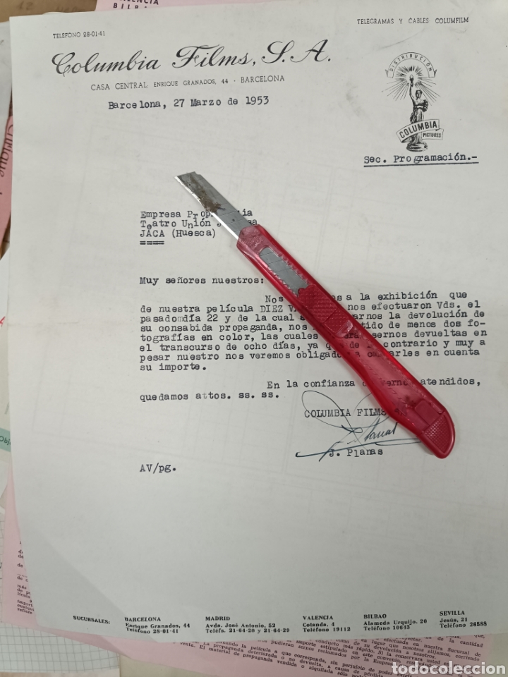 Lettres commerciales: Columbia films sociedad an&oacute;nima 1953