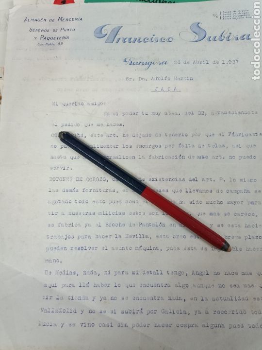 Lettres commerciales: Zaragoza Francisco Ruiz Suiza 1937 g&eacute;neros de punto y
