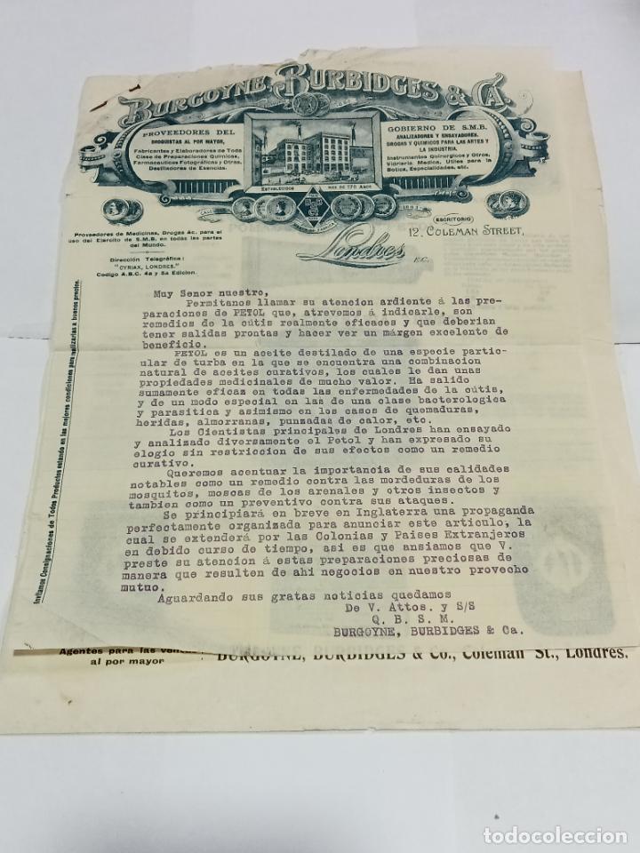 Lettres commerciales: CARTA COMERCIAL CON PANFLETO PUBLCITARIO PETOL PARA LA PIEL. BURGOYNE BURBIDGES & C&ordf;. LONDRES. VER