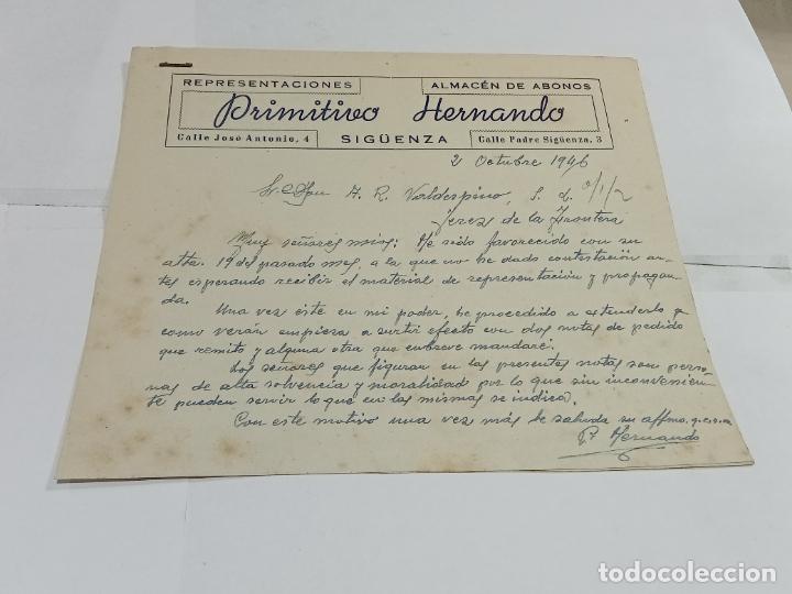 Lettres commerciales: CARTA COMERCIAL. ALMAC&Eacute;N DE ABONOS. PRIMITIVO HERNANDO. SIG&Uuml;ENZA, GUADALAJARA. 1946