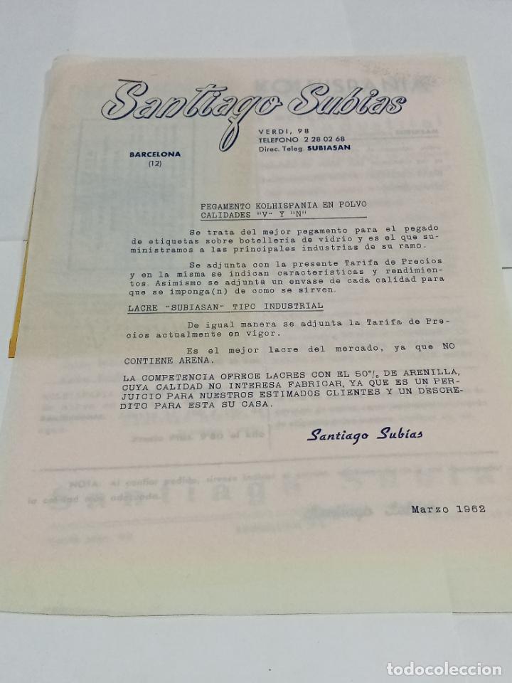 Gesch&auml;ftsbriefe: CARTA COMERCIAL, MODELOS Y PANFLETOS PUBLICITARIOS. SANTIAGO SUBIAS BARCELONA PEGAMENTO. 1962. VER