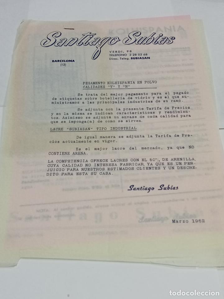 Gesch&auml;ftsbriefe: CARTA COMERCIAL, MODELOS Y PANFLETOS PUBLICITARIOS. SANTIAGO SUBIAS BARCELONA PEGAMENTO. 1962. VER