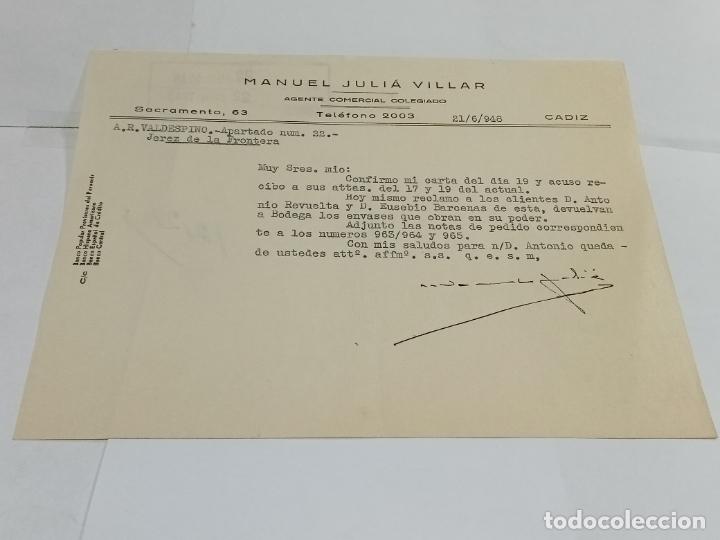 Lettres commerciales: CARTA COMERCIAL. MANUEL JULI&Aacute; VILLAR. 1948. AGENTE COMERCIAL. C&Aacute;DIZ