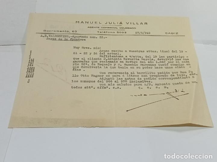 Lettres commerciales: CARTA COMERCIAL. MANUEL JULI&Aacute; VILLAR. 1948. AGENTE COMERCIAL. C&Aacute;DIZ