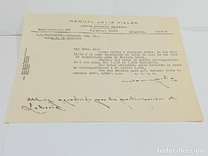 Lettres commerciales: CARTA COMERCIAL. MANUEL JULI&Aacute; VILLAR. 1948. AGENTE COMERCIAL. C&Aacute;DIZ