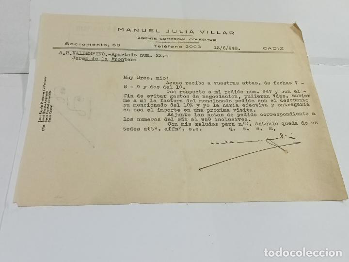 Lettres commerciales: CARTA COMERCIAL. MANUEL JULI&Aacute; VILLAR. 1948. AGENTE COMERCIAL. C&Aacute;DIZ