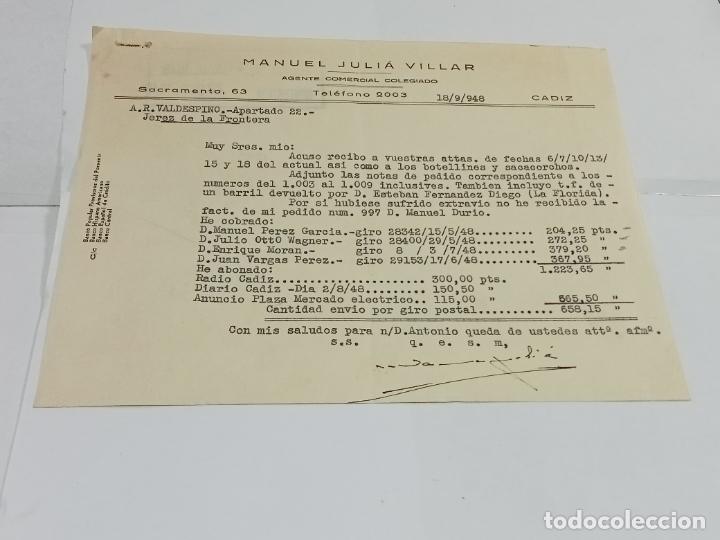 Lettres commerciales: CARTA COMERCIAL. MANUEL JULI&Aacute; VILLAR. 1948. AGENTE COMERCIAL. C&Aacute;DIZ