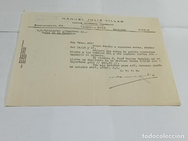 Lettres commerciales: CARTA COMERCIAL. MANUEL JULI&Aacute; VILLAR. 1948. AGENTE COMERCIAL. C&Aacute;DIZ