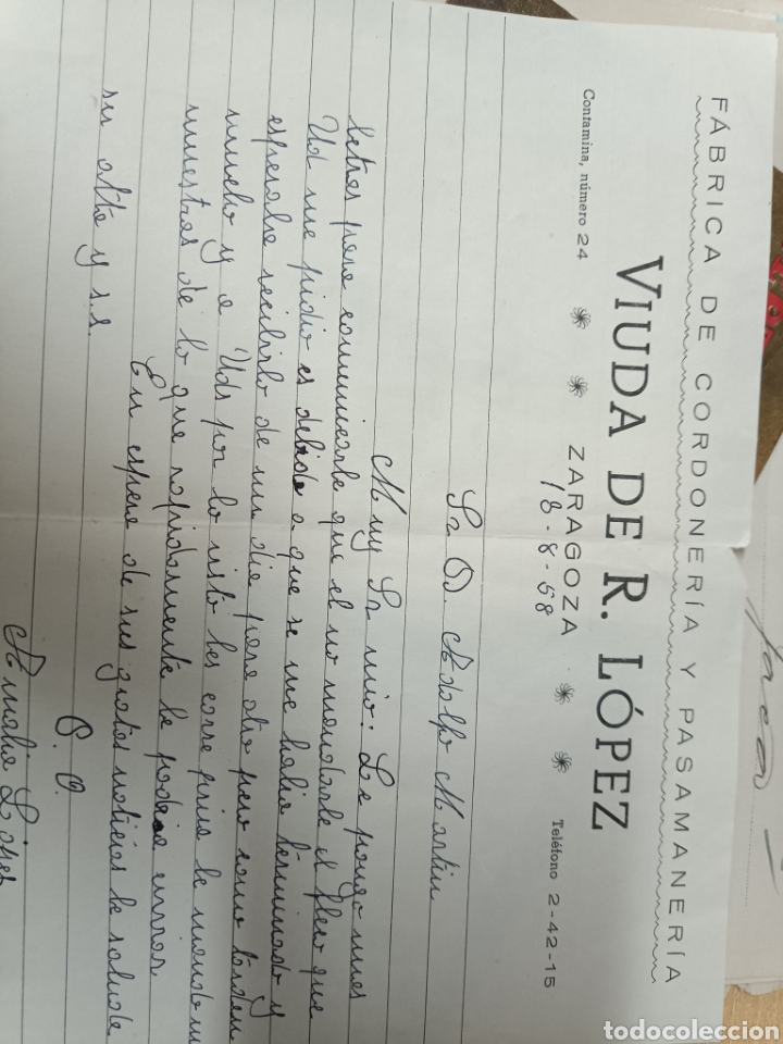 Commercial Letters: F&aacute;brica de cordoneria y pasamaner&iacute;a viuda de RR L&oacute;pez Zaragoza 1958