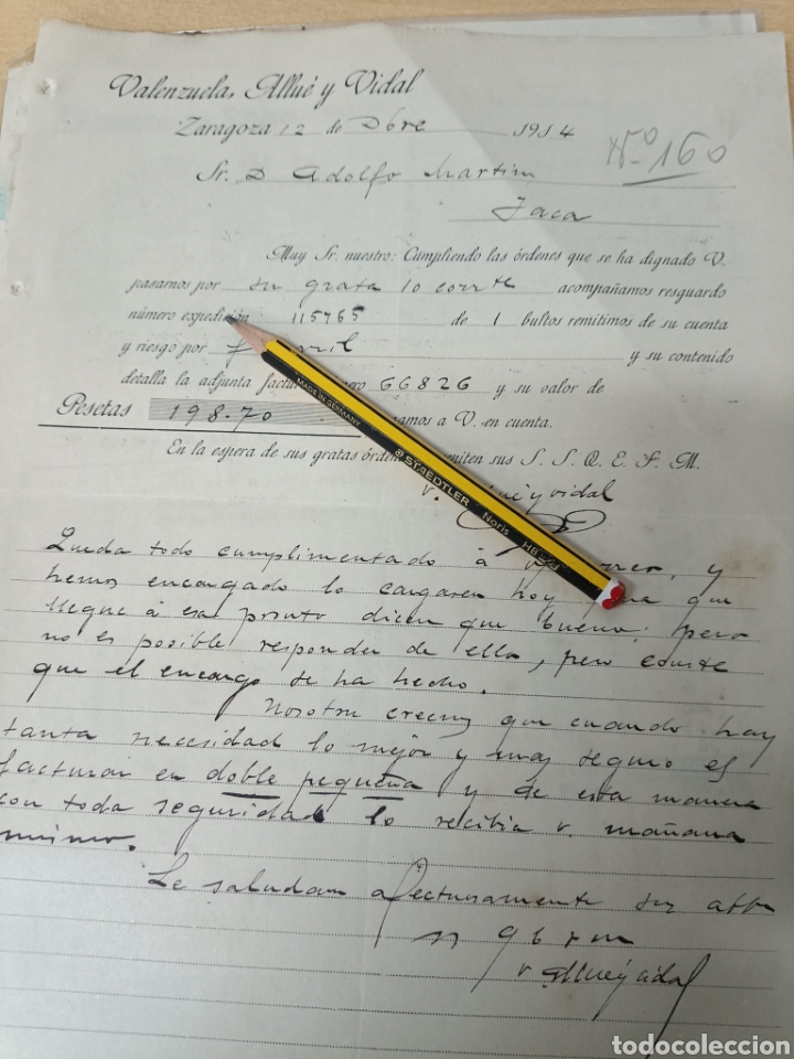 Commercial Letters: Valenzuela allue y Vidal Zaragoza 1914