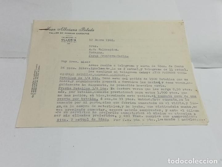 Lettres commerciales: CARTA COMERCIAL. 1962. JUAN ALBI&Ntilde;ANA BOLUDA. TALLER DE FORRAR GARRAFAS. OLLERIA. VALENCIA