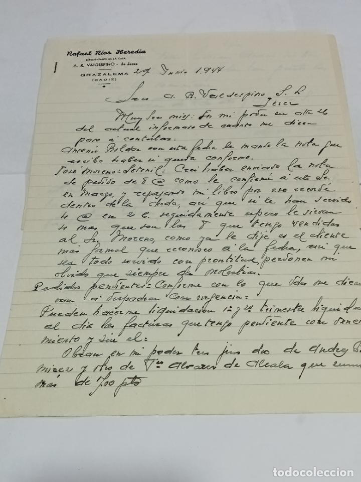 Lettres commerciales: CARTA COMERCIAL. RAFAEL RIOS HEREDIA. REPRESENTANTE VALDESPINO. GRAZALEMA, CADIZ. 1944