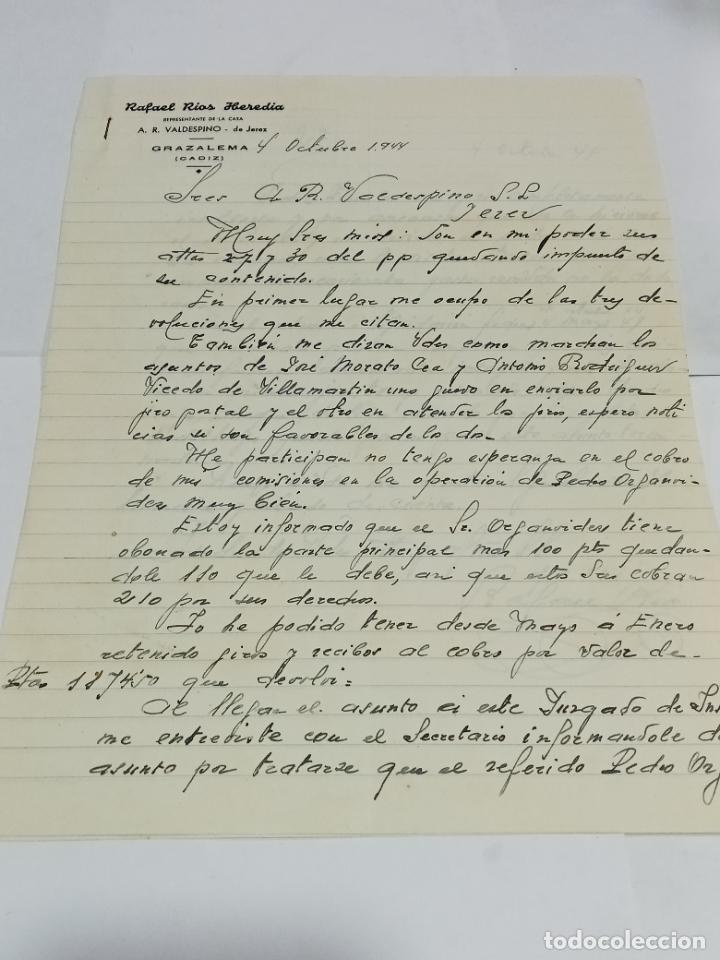 Lettres commerciales: CARTA COMERCIAL. RAFAEL RIOS HEREDIA. REPRESENTANTE VALDESPINO. GRAZALEMA, CADIZ. 1944