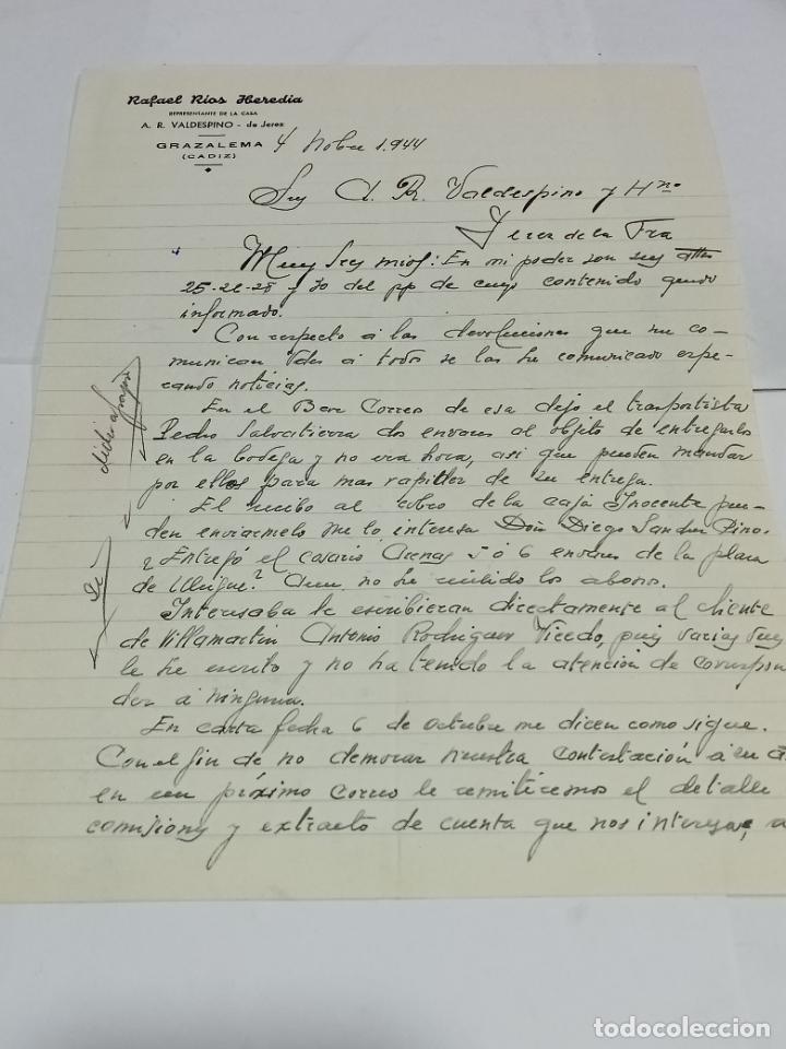 Lettres commerciales: CARTA COMERCIAL. RAFAEL RIOS HEREDIA. REPRESENTANTE VALDESPINO. GRAZALEMA, CADIZ. 1944