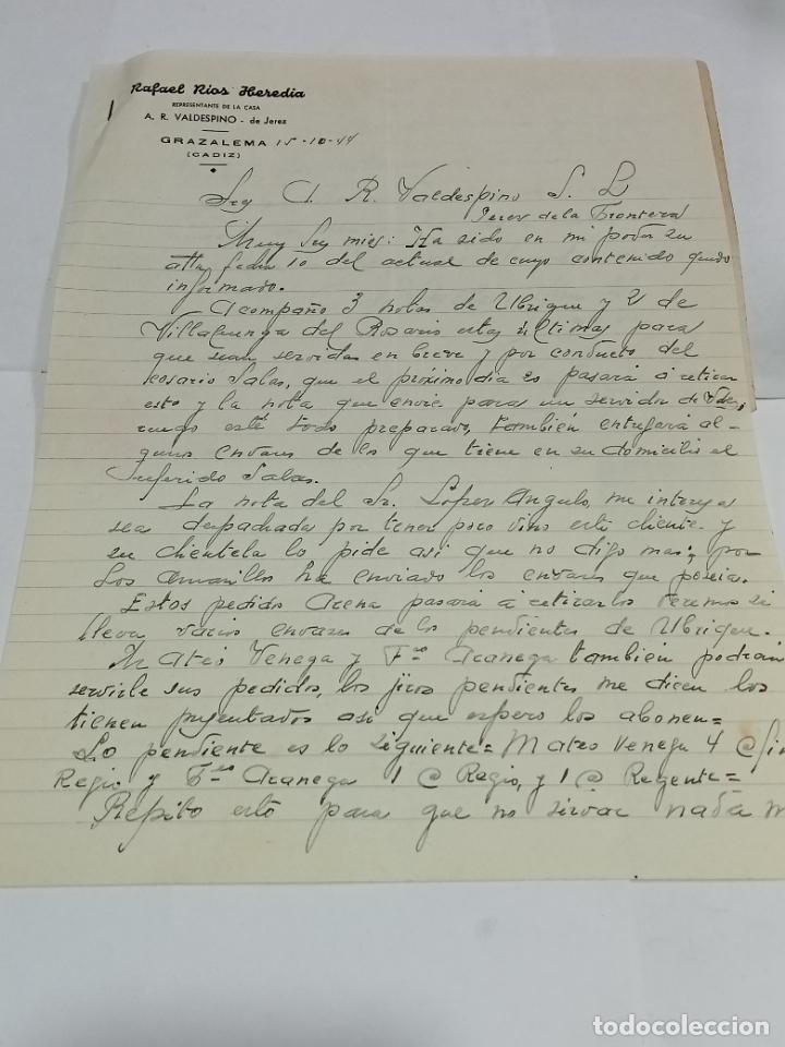 Lettres commerciales: CARTA COMERCIAL. RAFAEL RIOS HEREDIA. REPRESENTANTE VALDESPINO. GRAZALEMA, CADIZ. 1944