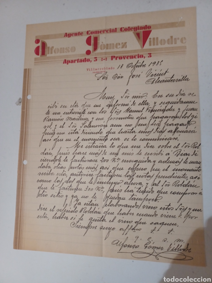 Commercial Letters: Carta Agente Comercial Vinos Alfonso G&oacute;mez Villodre , Villarrobledo octubre 1935 de 20,5x27,5 cm