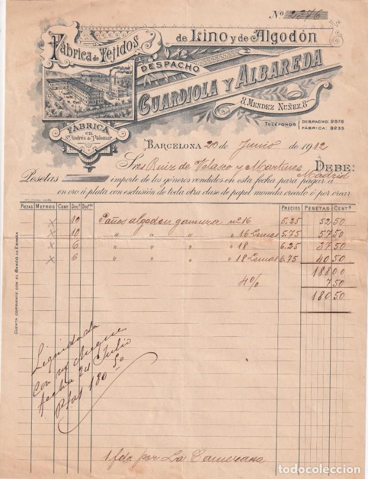 Commercial Letters: F&aacute;brica y tejidos de lino, algod&oacute;n. Guardiola y Albareda. Fabrica en San Andres Palomar. Barcelona