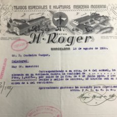 Cartas comerciales: CARTA COMERCIAL H. ROGER DE BCN FABRICA DE TEJIDOS 1933 Nº11 LITOGRAFIA SETX Y BARRAL BARNA ESCASA