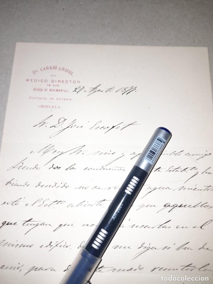 Lettres commerciales: Carta con membrete de los ba&ntilde;os de Benimarfull Orihuela Alicante 1877