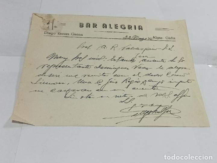 Lettres commerciales: CARTA COMERCIAL CON SOBRE PUBLICITARIO. BAR ALEGR&Iacute;A. 1946. ALGAR, C&Aacute;DIZ.