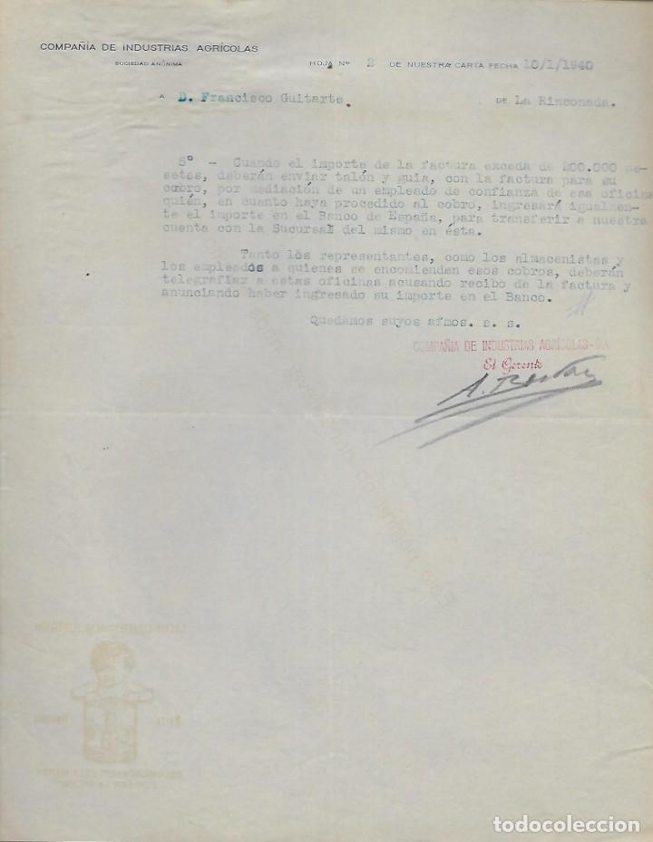 Lettres commerciales: CARTA COMERCIAL.- COMPA&Ntilde;IA DE INDUSTRIAS AGRICOLAS.- PUBLICIDAD: LECHE CONDESADA- ENERO 1940, VER FO