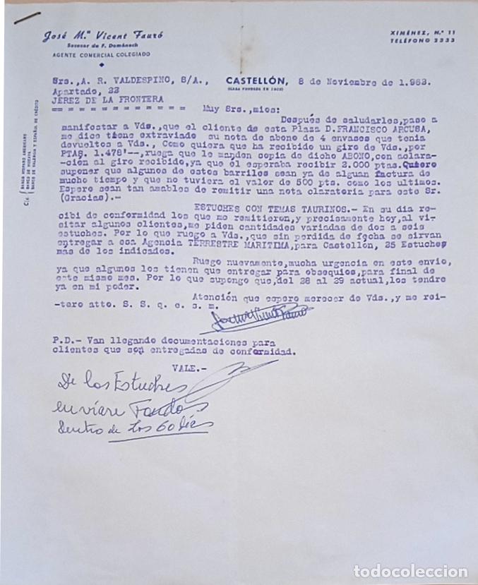 Lettres commerciales: CARTA COMERCIAL. JOSE M&ordf;. VICENT FAURO. AGENTE COMERCIAL COLEGIADO. CASTELLON. 1962.