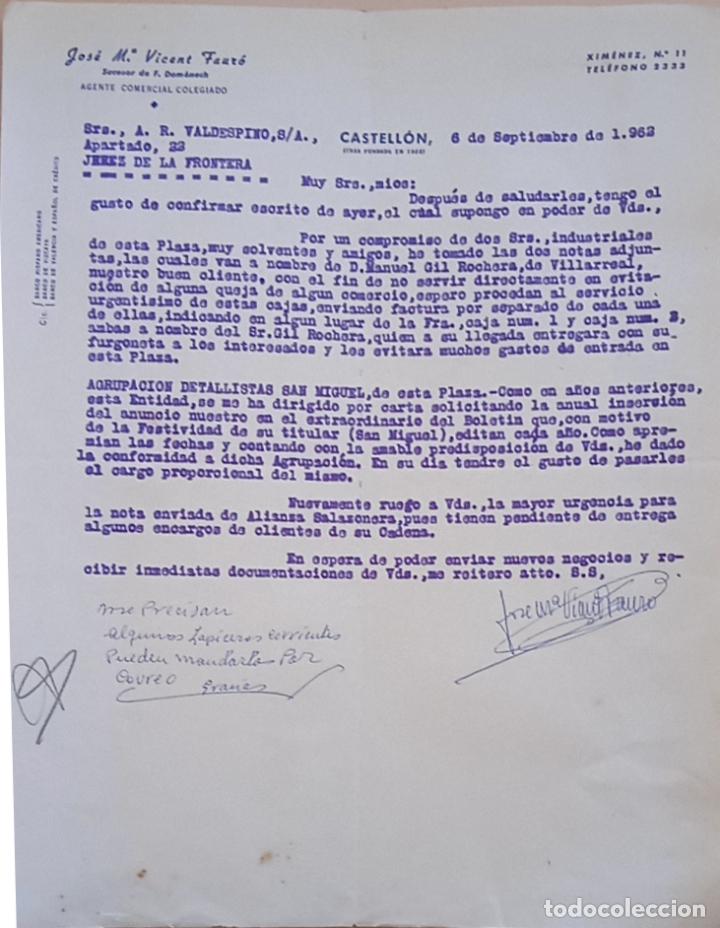 Lettres commerciales: CARTA COMERCIAL. JOSE M&ordf;. VICENT FAURO. AGENTE COMERCIAL COLEGIADO. CASTELLON. 1962.