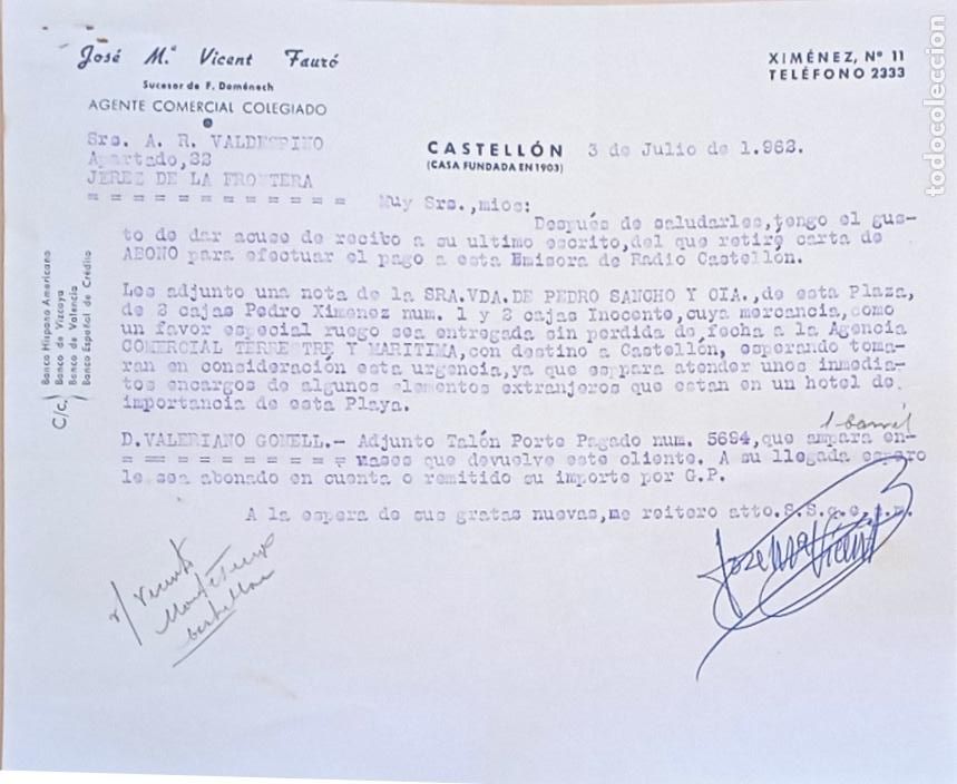 Lettres commerciales: CARTA COMERCIAL. JOSE M&ordf;. VICENT FAURO. AGENTE COMERCIAL COLEGIADO. CASTELLON. 1962.