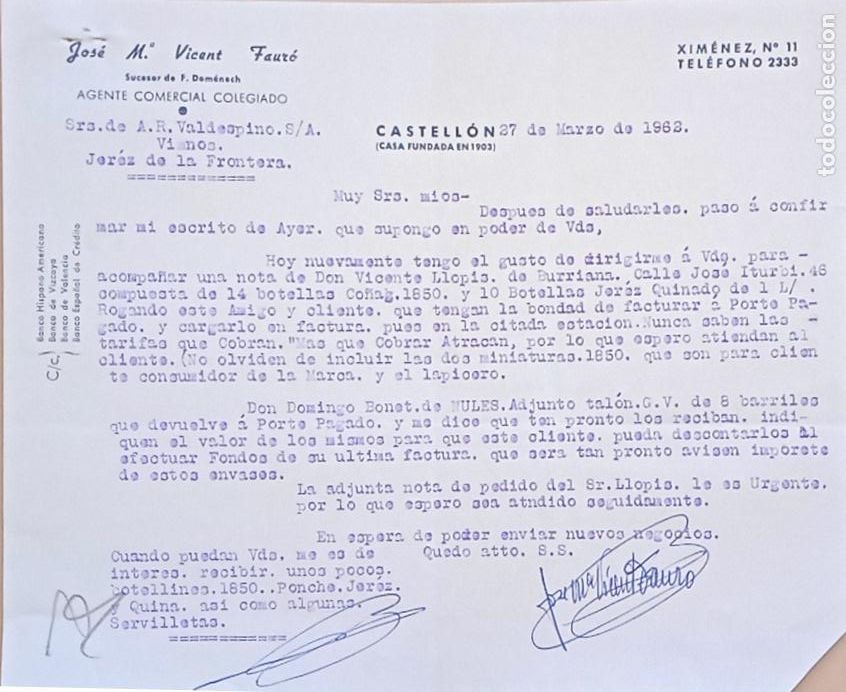 Lettres commerciales: CARTA COMERCIAL. JOSE M&ordf;. VICENT FAURO. AGENTE COMERCIAL COLEGIADO. CASTELLON. 1962.