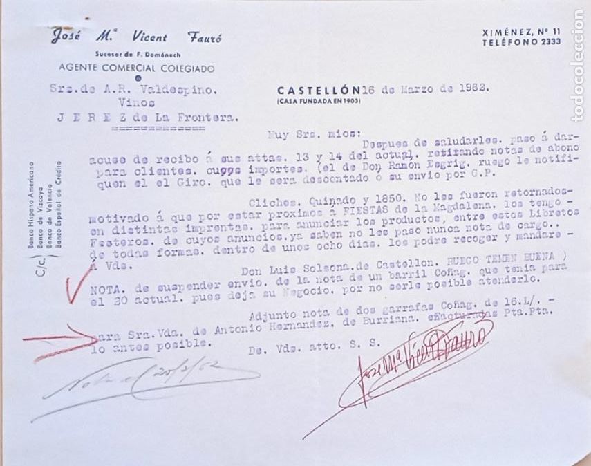 Lettres commerciales: CARTA COMERCIAL. JOSE M&ordf;. VICENT FAURO. AGENTE COMERCIAL COLEGIADO. CASTELLON. 1962.