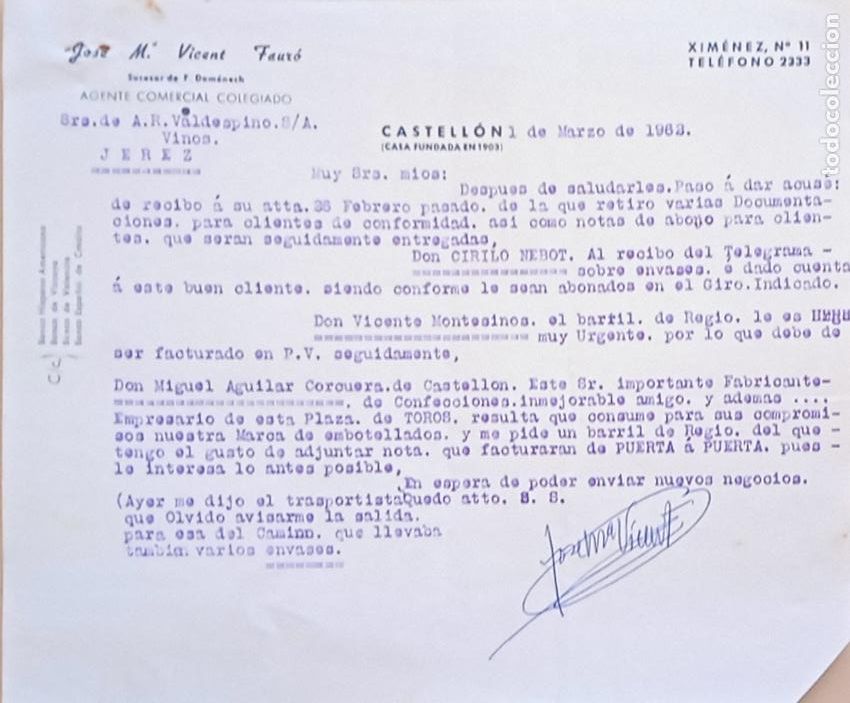 Lettres commerciales: CARTA COMERCIAL. JOSE M&ordf;. VICENT FAURO. AGENTE COMERCIAL COLEGIADO. CASTELLON. 1962.