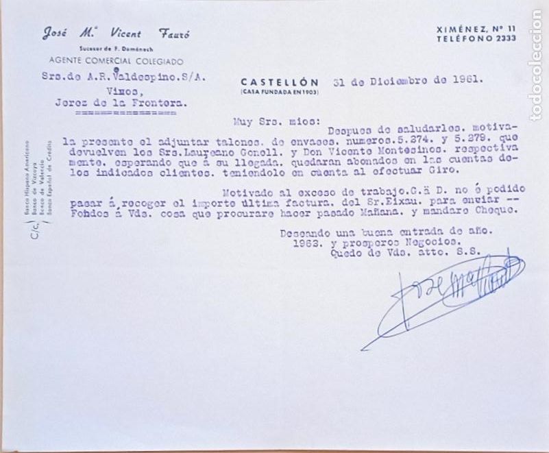 Lettres commerciales: CARTA COMERCIAL. JOSE M&ordf;. VICENT FAURO. AGENTE COMERCIAL COLEGIADO. CASTELLON. 1962.