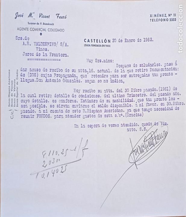 Lettres commerciales: CARTA COMERCIAL. JOSE M&ordf;. VICENT FAURO. AGENTE COMERCIAL COLEGIADO. CASTELLON. 1962.