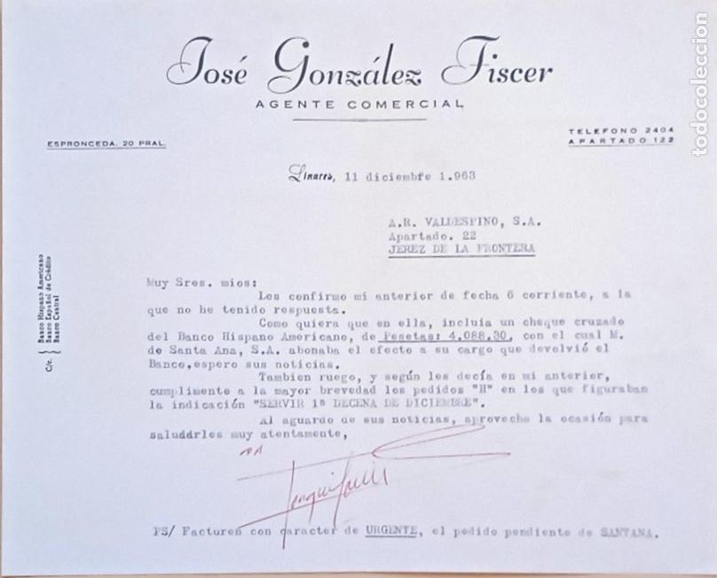 Lettres commerciales: CARTA COMERCIAL. JOSE GONZALEZ FISCER. AGENTE COMERCIAL. LINARES. 1963.